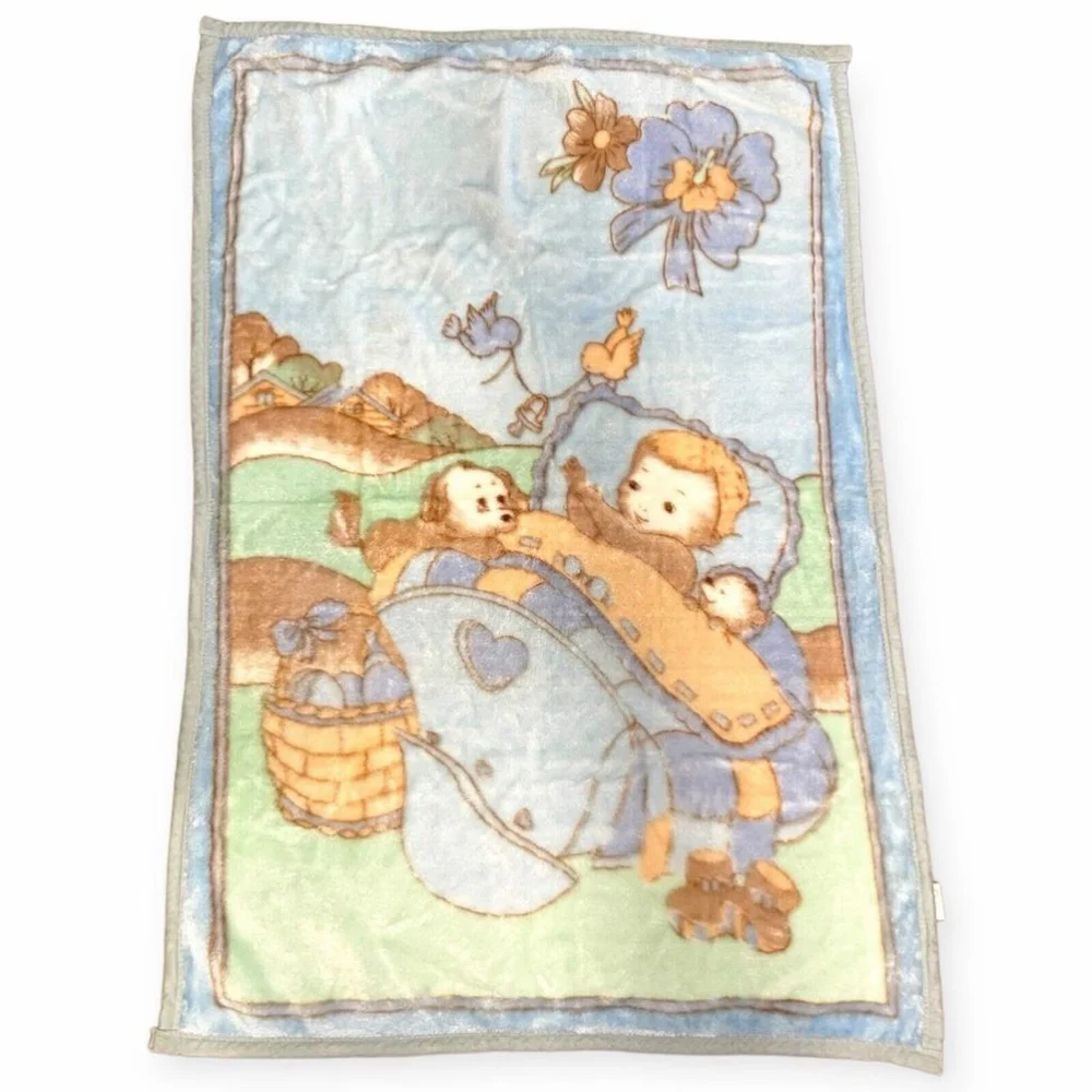 Vtg White Lamb Plush Baby Blanket Outdoor Cradle Birds Dog Silky Soft Blue Green